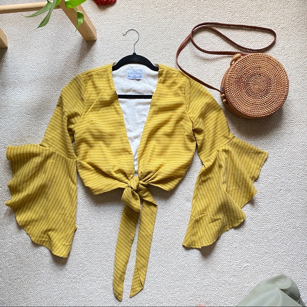 Mustard yellow tie front crop top